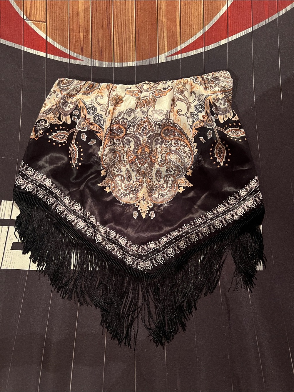 Daytrip Paisley Satin Fringe Skirt in Black, Ivory & Tan